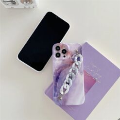 Mermer Desen Baskılı Bilek Geçmeli Zincirli Silikon Telefon Kılıfı