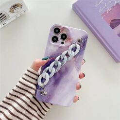 Mermer Desen Baskılı Bilek Geçmeli Zincirli Silikon Telefon Kılıfı