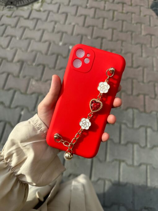 Kırmızı Renkli Bilek Geçmeli Zincirli Silikon Telefon Kılıfı