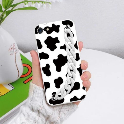 İnek Benekleri Desenli Baskılı Bilek Geçmeli Zincirli Silikon Telefon Kılıfı