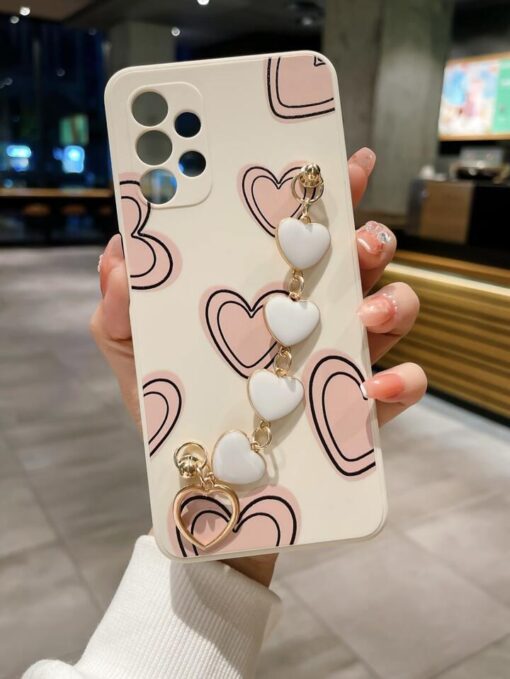 Kalp Desen Baskılı Bilek Geçmeli Zincirli Silikon Telefon Kılıfı