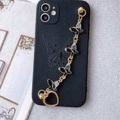 Siyah Renkli Desenli Bilek Geçmeli Zincirli Silikon Telefon Kılıfı