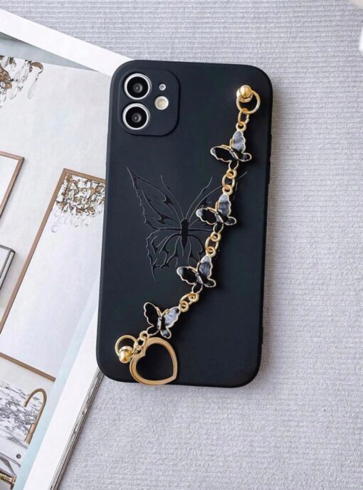 Siyah Renkli Desenli Bilek Geçmeli Zincirli Silikon Telefon Kılıfı