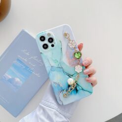 Mermer Desen Baskılı Bilek Geçmeli Zincirli Silikon Telefon Kılıfı