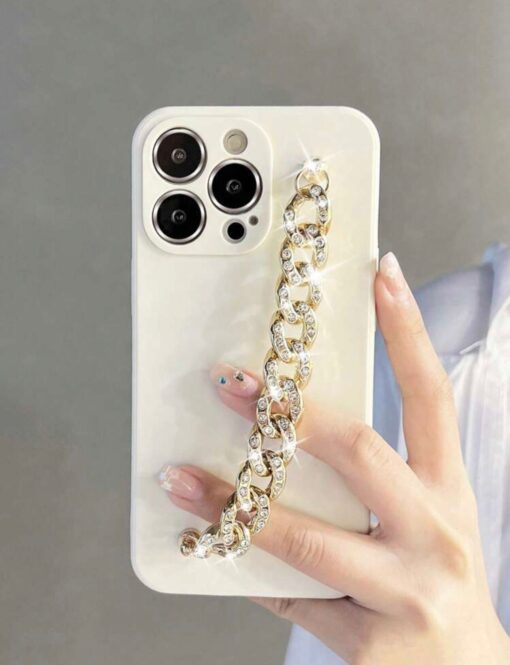 Beyaz Renkli Bilek Geçmeli Zincirli Silikon Telefon Kılıfı