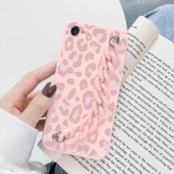 Pembe Renkli Benek Desen Baskılı Bilek Geçmeli Zincirli Silikon Telefon Kılıfı