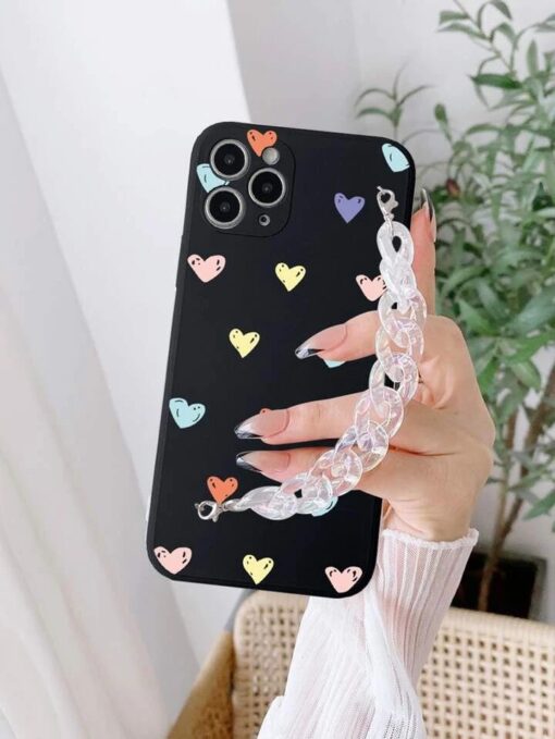 Çoklu Kalp Desen Baskılı Bilek Geçmeli Zincirli Silikon Telefon Kılıfı