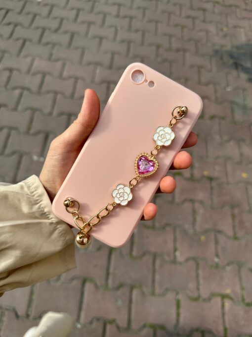 Açık Pembe Renkli Bilek Geçmeli Zincirli Silikon Telefon Kılıfı