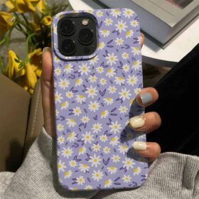 Lila Fonlu Beyaz Çiçekler Tasarımlı Silikon Telefon Kılıfı