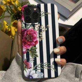 Çizgili Motif Çiçekler Tasarımlı Silikon Telefon Kılıfı
