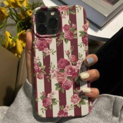 Çizgili Pembe Güller Tasarımlı Silikon Telefon Kılıfı