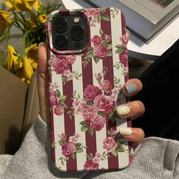 Çizgili Pembe Güller Tasarımlı Silikon Telefon Kılıfı