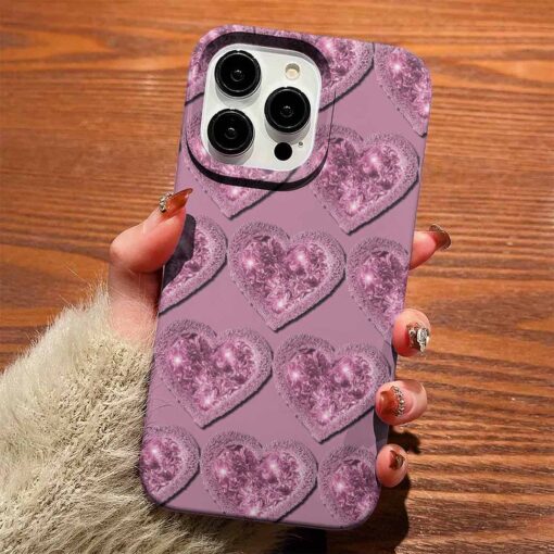 Pembe Parlak Peluş Kalpler Tasarımlı Silikon Telefon Kılıfı