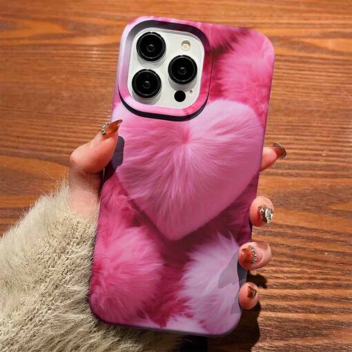 Pembe Peluş Kalpler Tasarımlı Silikon Telefon Kılıfı