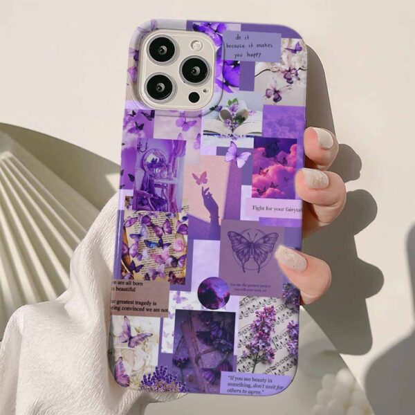 Purple Butterfly Kolaj Tasarımlı Silikon Telefon Kılıfı
