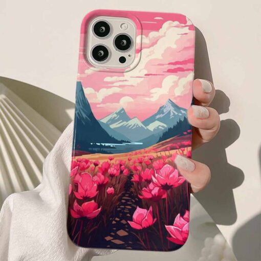 Pembe Çiçek Manzarası Tasarımlı Silikon Telefon Kılıfı