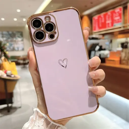 Volet Kalp Desenli Parlak Gold Kenarlıklı Telefon Kılıfı - Görsel 2
