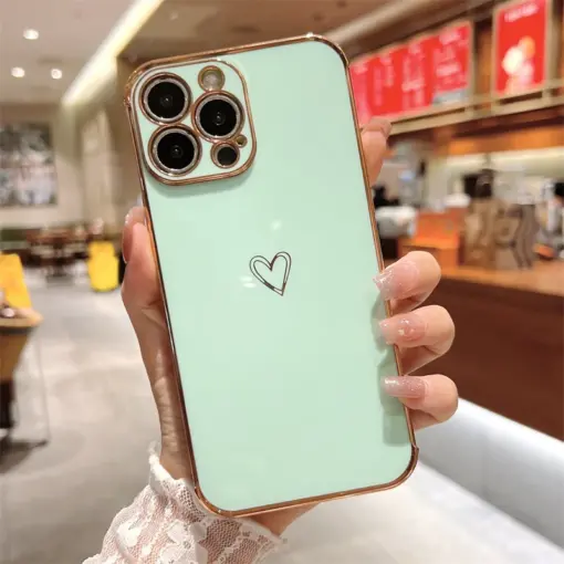 Volet Kalp Desenli Parlak Gold Kenarlıklı Telefon Kılıfı - Görsel 3