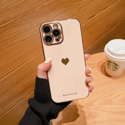 Volet Silikon Kalp Desenli Parlak Gold Kenarlıklı Telefon Kılıfı - Görsel 2