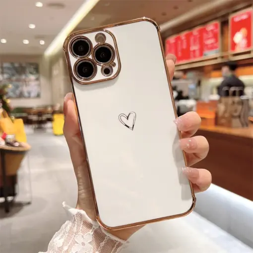 Volet Kalp Desenli Parlak Gold Kenarlıklı Telefon Kılıfı - Görsel 4