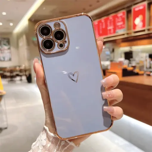 Volet Kalp Desenli Parlak Gold Kenarlıklı Telefon Kılıfı - Görsel 6