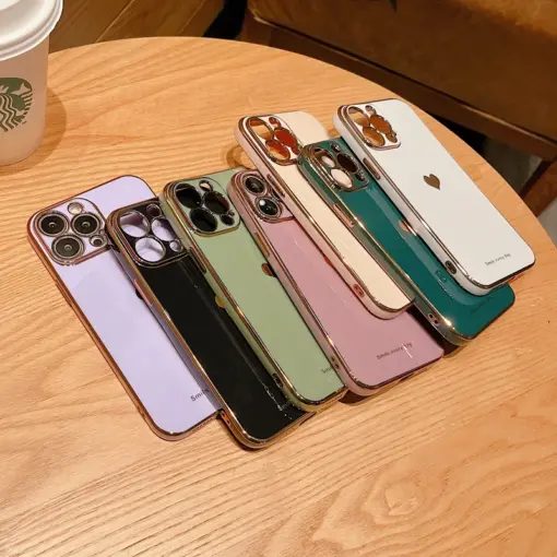 Volet Silikon Kalp Desenli Parlak Gold Kenarlıklı Telefon Kılıfı - Görsel 3