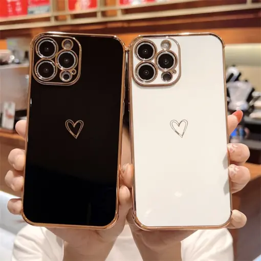 Volet Kalp Desenli Parlak Gold Kenarlıklı Telefon Kılıfı - Görsel 7
