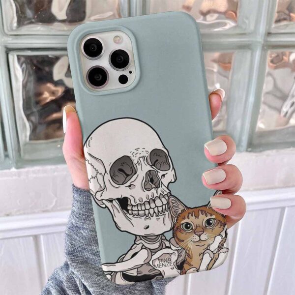 Turuncu Kedi Ve İskelet Tasarımlı  Silikon Telefon Kılıfı
