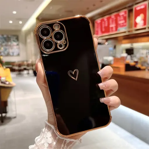 Volet Kalp Desenli Parlak Gold Kenarlıklı Telefon Kılıfı - Görsel 8