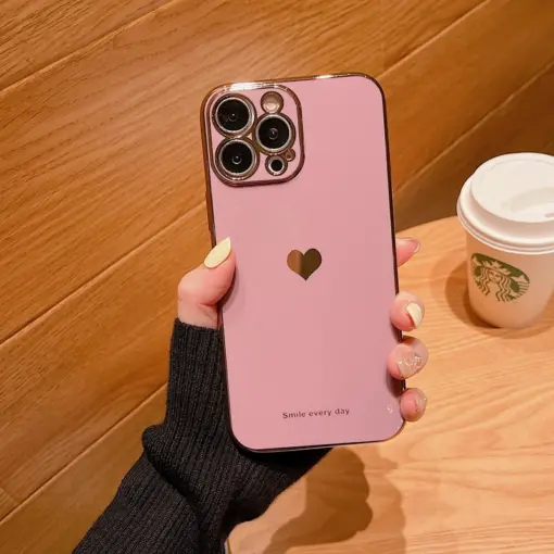 Volet Silikon Kalp Desenli Parlak Gold Kenarlıklı Telefon Kılıfı - Görsel 7