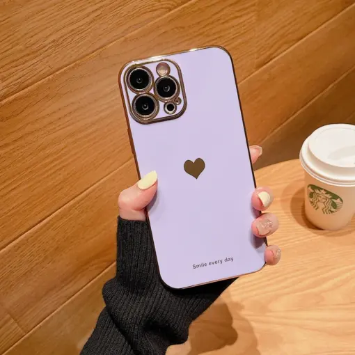 Volet Silikon Kalp Desenli Parlak Gold Kenarlıklı Telefon Kılıfı - Görsel 8