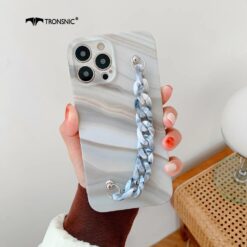 Mermer Desen Baskılı Bilek Geçmeli Zincirli Silikon Telefon Kılıfı