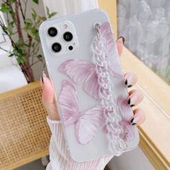 Uçan Kelebekler Desenli Baskılı Şeffaf Bilek Geçmeli Zincirli Silikon Telefon Kılıfı