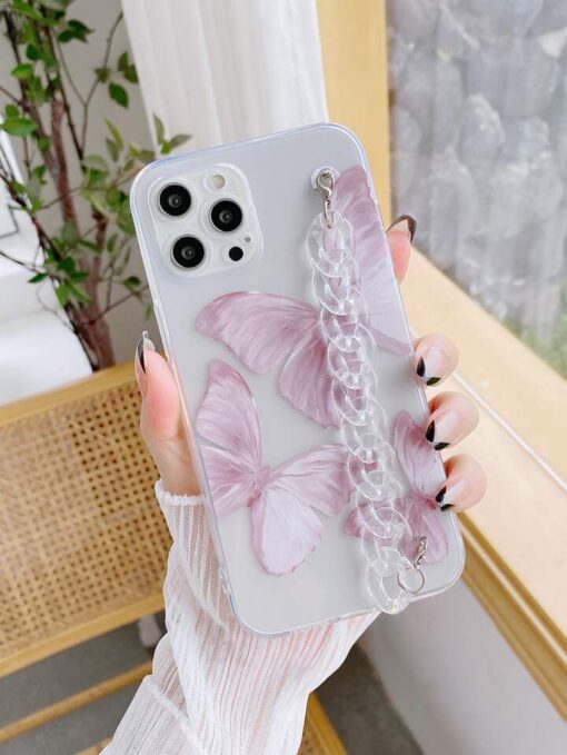 Uçan Kelebekler Desenli Baskılı Şeffaf Bilek Geçmeli Zincirli Silikon Telefon Kılıfı