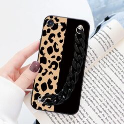 Leopar Desen Baskılı Bilek Geçmeli Zincirli Silikon Telefon Kılıfı