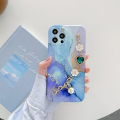 Mermer Desen Baskılı Bilek Geçmeli Zincirli Silikon Telefon Kılıfı