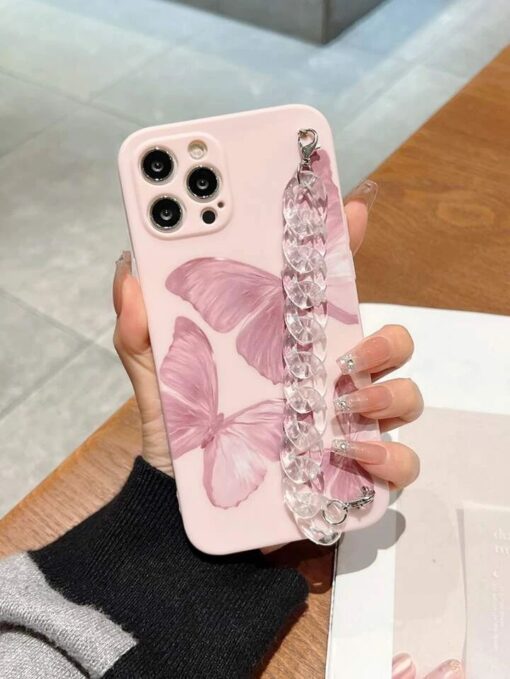 Uçan Kelebekler Desenli Baskılı Bilek Geçmeli Zincirli Silikon Telefon Kılıfı