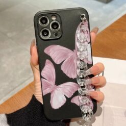 Uçan Kelebekler Desenli Baskılı Siyah Renkli Bilek Geçmeli Zincirli Silikon Telefon Kılıfı