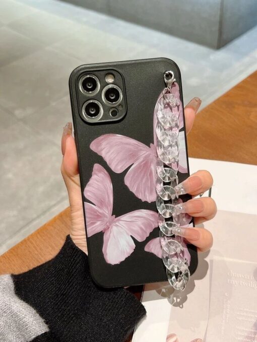 Uçan Kelebekler Desenli Baskılı Siyah Renkli Bilek Geçmeli Zincirli Silikon Telefon Kılıfı