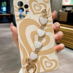 Altın Renkli Kalp Desen Baskılı Bilek Geçmeli Zincirli Silikon Telefon Kılıfı