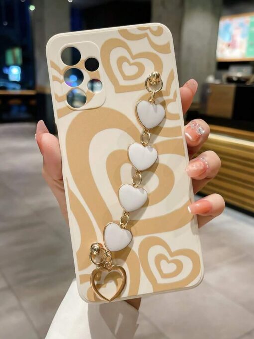 Altın Renkli Kalp Desen Baskılı Bilek Geçmeli Zincirli Silikon Telefon Kılıfı