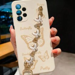 Beyaz Renkli Kelebek Desenli Bilek Geçmeli Zincirli Silikon Telefon Kılıfı