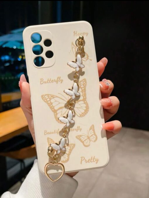 Beyaz Renkli Kelebek Desenli Bilek Geçmeli Zincirli Silikon Telefon Kılıfı