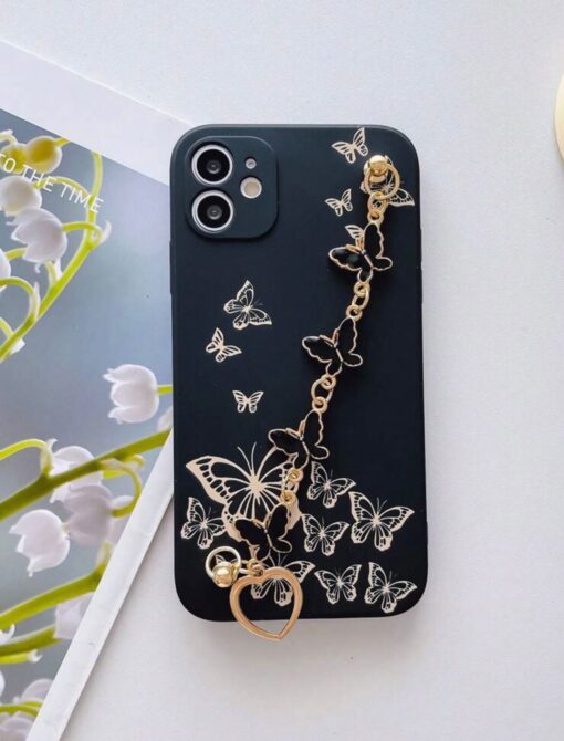 Siyah Renkli Kelebek Desenli Bilek Geçmeli Zincirli Silikon Telefon Kılıfı