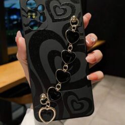 Kalp Desen Baskılı Bilek Geçmeli Zincirli Silikon Telefon Kılıfı