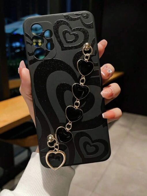 Kalp Desen Baskılı Bilek Geçmeli Zincirli Silikon Telefon Kılıfı