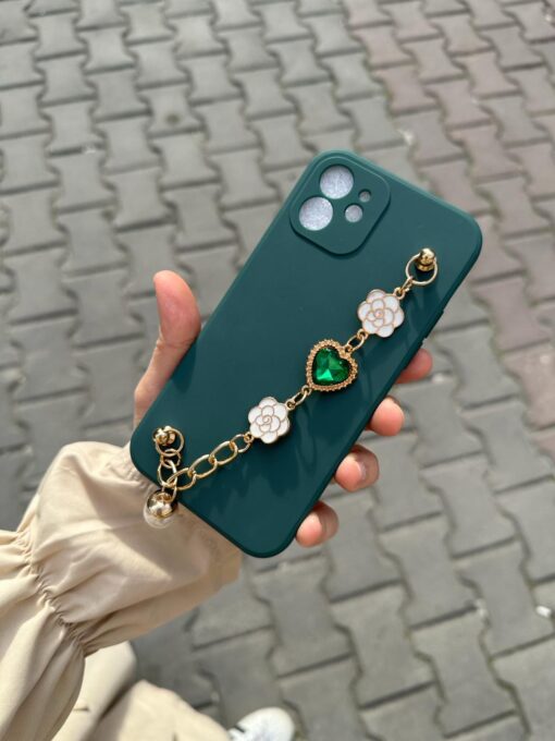 Koyu Yeşil Renkli Bilek Geçmeli Zincirli Silikon Telefon Kılıfı - Görsel 2