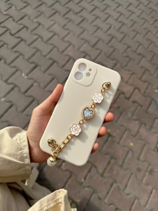 Krem Renkli Bilek Geçmeli Zincirli Silikon Telefon Kılıfı - Görsel 4