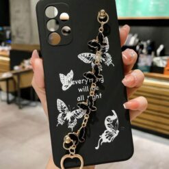 Beyaz Kelebekler Desenli Bilek Geçmeli Zincirli Siyah Renkli  Silikon Telefon Kılıfı