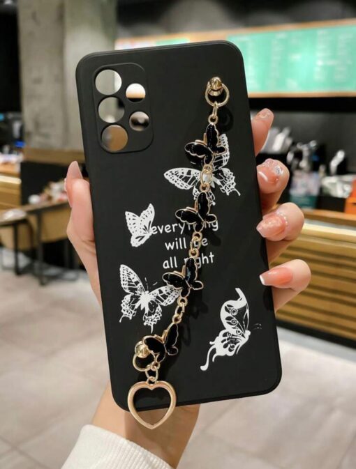 Beyaz Kelebekler Desenli Bilek Geçmeli Zincirli Siyah Renkli  Silikon Telefon Kılıfı